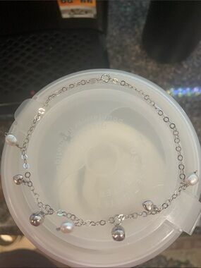 𝅺vtg Sterling & Pearl Charm Anklet - Silver Hearts Balls & Real Pearl 9.5”